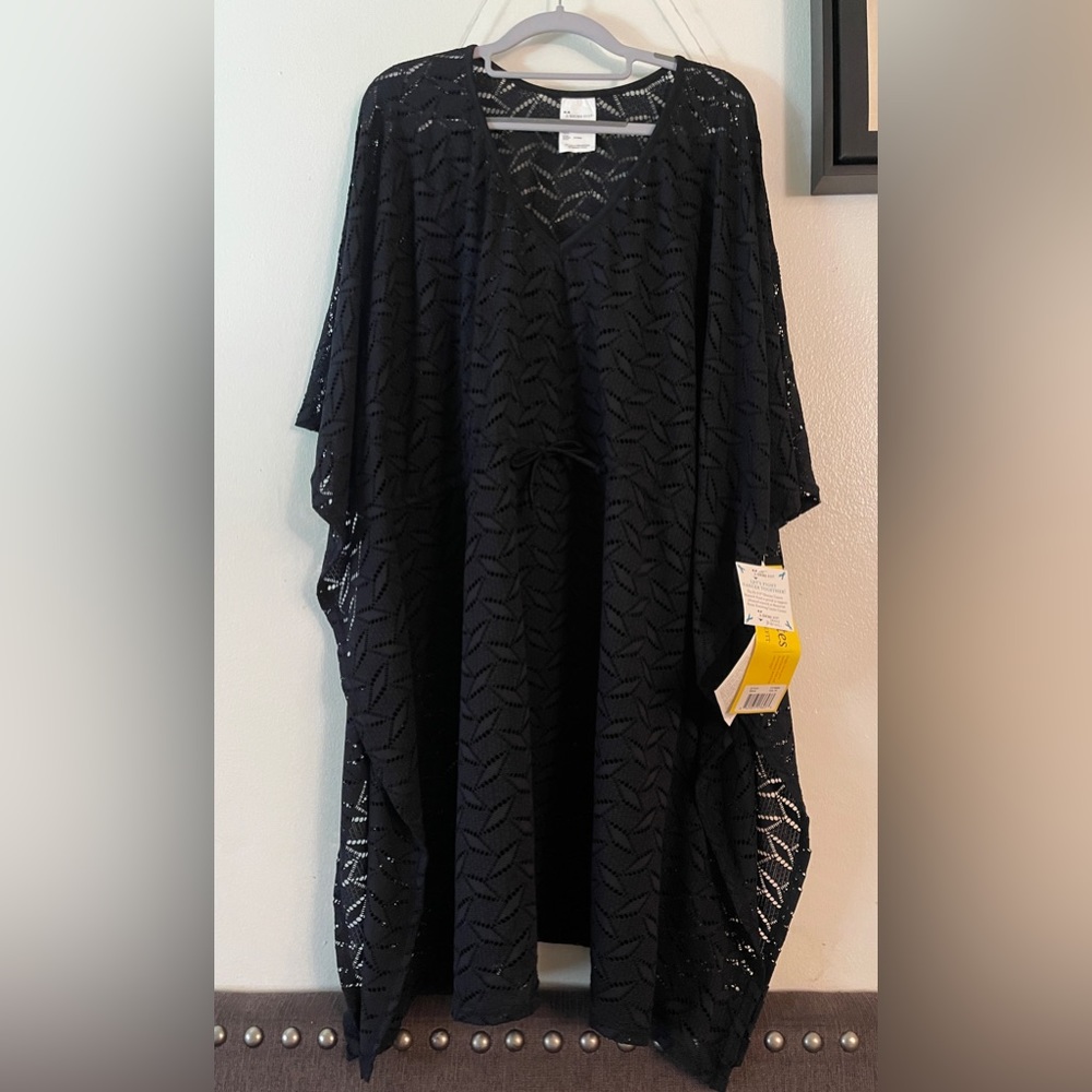 New Plus Size A Shore Fit Crochet Drawstring Swim Cover-Up, Women's Black - Picture 4 of 4
